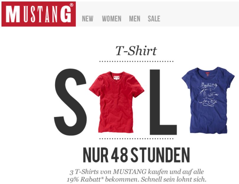 3 Mustang T-Shirts mit 19% Rabatt + 15% Newslettergutschein! 3 Mustang T Shirts mit 19% Rabatt + 15% Newslettergutschein!
